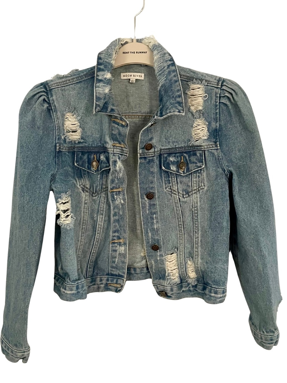 Boutique Puff Sleeve Distressed Denim Jacket-Size Small